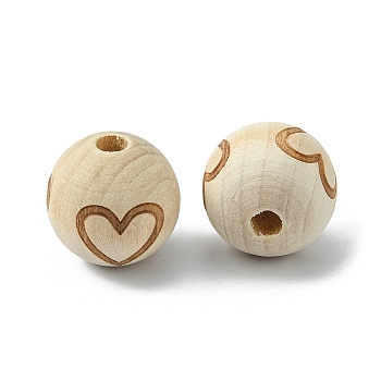 Natural Theaceae Wood Beads, Laser Engraved, Round with Heart Pattern, BurlyWood, 20mm, Hole: 5mm, 20pcs/bag