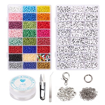 DIY Jewelry Set Kits, with Elastic Crystal Thread, Acrylic Letter Beads and Glass Seed Beads, Zinc Alloy Lobster Claw Clasps, Beading Tweezers and Sharp Steel Scissors, Mixed Color, 190x130x36mm