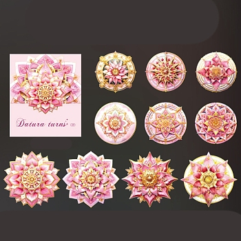 10Pcs 10 Styles Mandala Flower Waterproof PET Decorative Stickers, Laser Self-adhesive Decals, for DIY Scrapbooking, Pale Violet Red, 80mm, 1pc/style