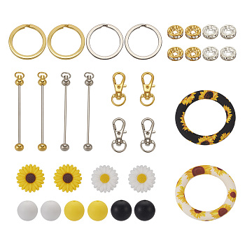 DIY Sunflower Iron Beadable Bar Keychain Making Kits, Including Round Silicone Beads & Pendants, Glass Rhinestone Spacer Beads, Mixed Color, 15mm, Hole: 2mm, 3 colors, 4pcs/color, 12pcs