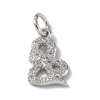 Brass Micro Pave Cubic Zirconia Charms, with Jump Ring, Snake Charms, Platinum, 12.5x8.5x2mm, Hole: 3mm