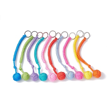 Polyester & Spandex Cord Ropes Braided Wood Ball Keychain, with 304 Stainless Steel Split Key Rings, Mixed Color, 23.3cm