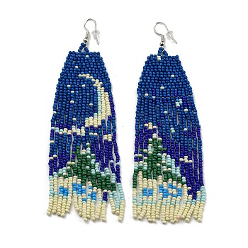 Boho Seed Bead Christmas Tree Tassel Earrings, Iron Dangle Earring for Women, Marine Blue, 115x35mm
