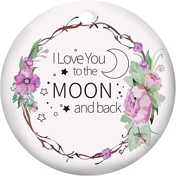 Handmade Porcelain Pendants, Double-Sided Printing of Valentine's Day Theme, Flat Round, Pink, 75x2mm