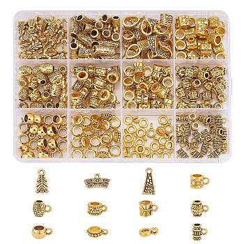 240Pcs 12 Styles Tibetan Style Alloy Tube Bails, Loop Bails, Flat Round & Barrel & Leaf, Antique Golden, 6.5~14x2~8.5x3.5~7.5mm, Hole: 1.4~2mm, Inner Diameter: 2.8~5mm, 20pcs/style