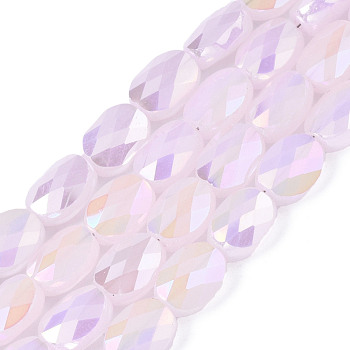 Electroplate Glass Beads Strands, AB Color Plated, Imitation Jade Glass, Oval, Faceted, Plum, 8x6.5x4mm, Hole: 1.2mm, about 72pcs/strand, 23.62 inch(60cm)