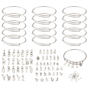 Yilisi DIY Bangle Making Kits, with Alloy Pendants, Stainless Steel Bangles and Brass Jump Rings, Antique Silver, 2-1/2 inch~2-7/8 inch(6.5~7.4cm), 22pcs/set
