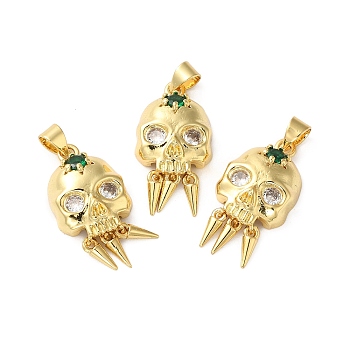 Rack Plating Brass Pave Cubic Zirconia Pendants, Lead Free & Cadmium Free, Real 18K Gold Plated, Long-Lasting Plated, Skull Charm, Clear, 25x13x6mm, Hole: 4x3.5mm