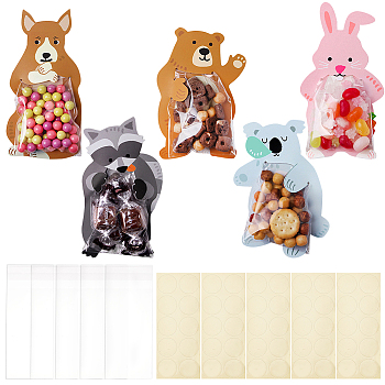 BENECREAT 5 Sets 5 Styles Transparent Plastic Cookie Bag, with Cartoon Animal Card and Stickers, for Chocolate, Candy, Cookies, Mixed Patterns, 118~135x65~78x0.5mm, 1 set/style
