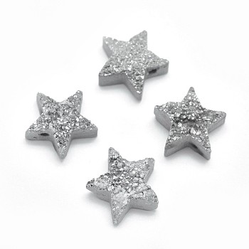 Electroplate Natural Druzy Quartz Charms, Star, Silver Plated, 12~12.5x13x5~7mm, Hole: 0.8mm