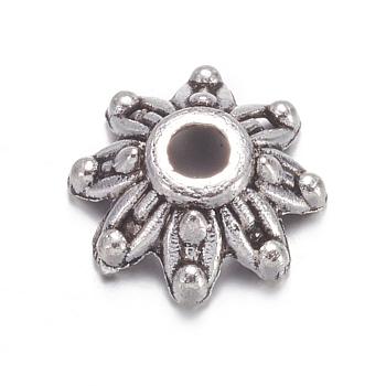 Flower Tibetan Silver Fancy Bead Caps, Lead Free & Cadmium Free, Antique Silver, about 9mm in diameter, Hole: 2mm