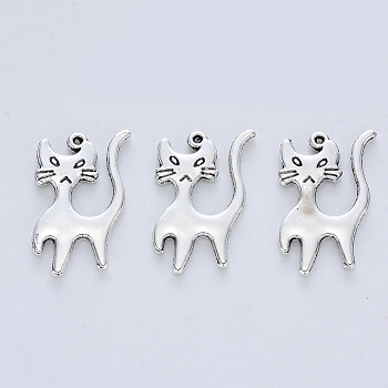 Tibetan Style Alloy Kitten Pendants, Cadmium Free & Lead Free, Cartoon Cat Shape, Antique Silver, 22x13x1.5mm, Hole: 0.7mm