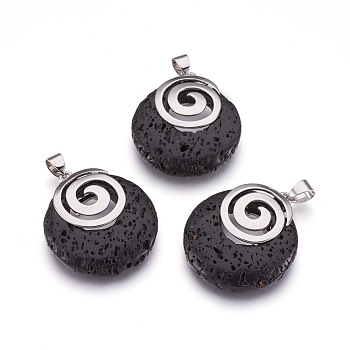 Natural Lava Rock Pendants, with Platinum Tone Brass Findings, Flat Round, 32x28x6mm, Hole: 4x5mm
