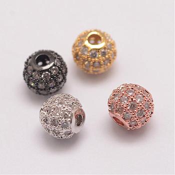 Brass Micro Pave Cubic Zirconia Beads, Round, Mixed Color, 6x5.5mm, Hole: 2mm