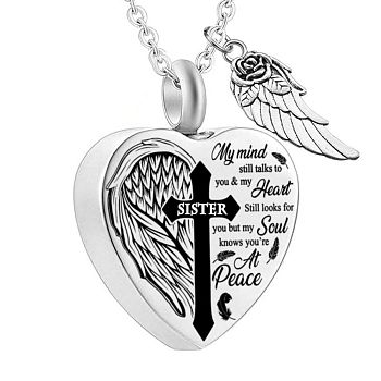 Heart and Wing Urn Ashes Pendant Necklace, Cross with Word Sister 316L Stainless Steel Memorial Jewelry for Men Women, Word, 18.9 inch(48cm)