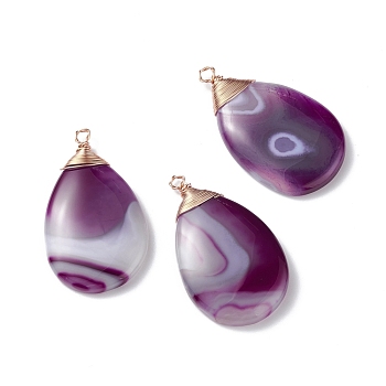 Natural Striped Agate/Banded Agate Pendants, with Light Gold Tone Copper Wire, Medium Purple, Teardrop , Medium Purple, 48~49x28~29x6~7.5mm, Hole: 3mm