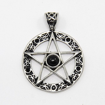 Vintage Men's 304 Stainless Steel Ring with Pentagram Star Pendants, Wicca Pendants, with Rhinestone and Resin, Antique Silver, Jet, 37x28x5mm, Hole: 6x3mm
