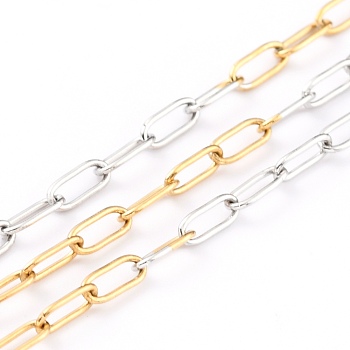Two Tone 304 Stainless Steel Paperclip Chains, Drawn Elongated Cable Chains, Soldered, with Spool, Golden & Stainless Steel Color, 5x2x0.5mm, 32.8 Feet(10m)/roll
