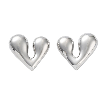 304 Stainless Steel Stud Earrings, Heart, Stainless Steel Color, 17.5x19.5mm