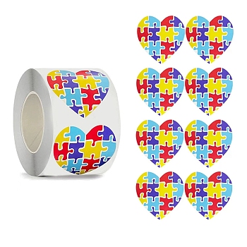 Autism Theme Paper Self-Adhesive Label Stickers Rolls, Gift Tag Sealing Sticker, for Party Presents Decoration, Heart Pattern, 38mm, 500pcs/roll