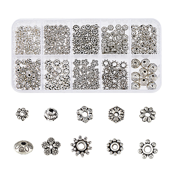 10 Styles Tibetan Style Alloy Spacer Beads, Flower, Antique Silver, 4.5~9x4.5~9x1.5~6mm, Hole: 1~2.5mm