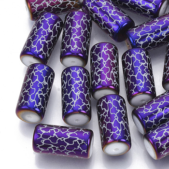 Electroplate Glass Beads, Column with Vine Pattern, Purple, 20x10mm, Hole: 1.2mm, about 50pcs/bag