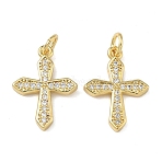 Brass Micro Pave Clear Cubic Zirconia Pendants, with Jump Ring, Cross Charms, Real 16K Gold Plated, 18.5x13x2mm, Hole: 3mm(KK-L257-17G)