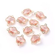 Glass Links connectors, with Eco-Friendly Alloy Open Back Berzel Findings, Flower, Light Gold, Misty Rose, 15.5x12x5mm, Hole: 1.4mm(X-GLAA-A037-A-08KC)