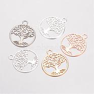 Brass Filigree Pendants, Flat Round with Tree of Life, Mixed Color, 23.5x20x0.5mm, Hole: 3mm(KK-D522-09)