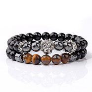 Natural Tiger Eye & Obsidian & Synthetic Non-magnetic Hematite Stretch Bead Stretch Bracelets, with Lion Head for Men, (IO9425-7)