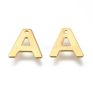 304 Stainless Steel Charms, Letter, Initial Charms, Real 18k Gold Plated, Letter.A, 11x6~12x0.8mm, Hole: 1mm(STAS-P141-A)