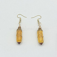 Tiger Eye Hexagon Handmade Copper Wire Wrapped Earrings Natural Stone Column Earrings, Golden(ND6138-14)