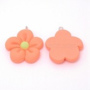 Resin Pendants, with Platinum Iron Finding, Flower, Coral, 35x30x6mm, Hole: 2mm(RESI-TAC0001-72B-01)