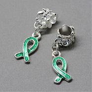Alloy Enamel European Dangle Charms, Large Hole Pendants, Awareness Ribbon, Silver Color Plated, Spring Green, 26mm, Hole: 5mm(MPDL-R046-08B)