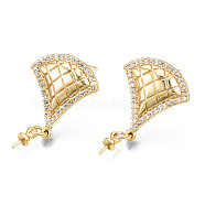 Brass Micro Pave Cubic Zirconia Stud Earring Findings, with 925 Sterling Silver Pins and Cup Peg Bails, for Half Drilled Bead, Cadmium Free & Nickel Free & Lead Free, Grooved Fan, Real 18K Gold Plated, 24.5x14.5mm, Pin: 0.7mm, Pin: 0.7mm(for half drilled beads)(KK-N233-137)