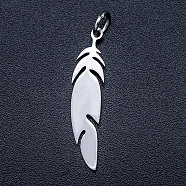 201 Stainless Steel Pendants, Stamping Blank Charms, with Unsoldered Jump Rings, Feather, Stainless Steel Color, 26x6x1mm, Hole: 3mm, Jump Ring: 5x0.8mm(STAS-T046-JA345-1)