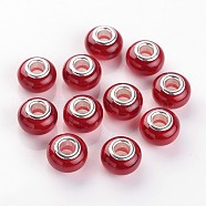 Large Hole Rondelle Resin European Beads, with Silver Color Plated Brass Cores, Imitation Cat Eye, Red, 13.5~14x9mm, Hole: 5mm(RPDL-J050-03)