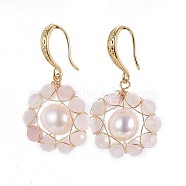 Natural Rose Quartz Dangle Earrings, with Pearl Beads and Brass Earring Hooks, Packing Box, Real 18K Gold Plated, 32~33mm, Pin: 0.7mm(EJEW-JE02996-02)
