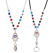 2Pcs 2 Style Glass Evil Eye Round Beaded Name Card Lanyards, Mobile Straps, Retractable Badge Reels, with Alloy Hamsa Hand, Swivel Clasp & Key Ring, Mixed Color, 76~80cm, 1pc/style(AJEW-SC0001-50)