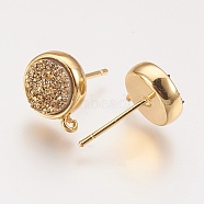 Brass Ear Stud Findings, with Druzy Resin Cabochon and Loop, Flat Round, Golden, Goldenrod, 12.5x10mm, Hole: 1mm, Pin: 0.7mm(KK-P145-J10-G)