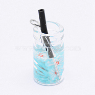 Glass Pendants, with Resin Cabochons and Iron Loop, Bottle with Drinking Straw, Light Sky Blue, 25x11x10mm, Hole: 1.5mm(GLAA-WH0019-15P-05)