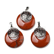 Natural Red Jasper Pendants, Spiritual Charms, with Platinum Tone Brass Findings, Flat Round with Flower of Life/Sacred Geometry, 32~32.5x28~30x7~7.5mm, Hole: 5x8mm(KK-F751-M-A07)