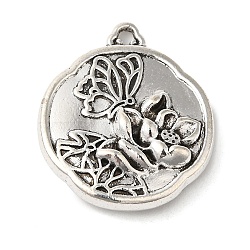 Tibetan style Alloy Pendants, Flat Round with Lotus, Antique Silver, 24x21x6mm, Hole: 2x2mm(FIND-Z059-08AS-02)