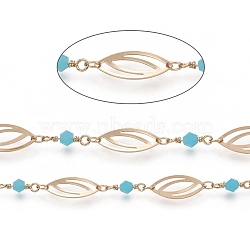 3.28 Feet Soldered Handmade Faceted Glass Beaded Chains, with Brass Oval Link, Long-Lasting Plated, Sky Blue, Light Gold, Glass Bead: 12.5x4mm, Oval: 8x17.5x0.5mm(X-CHC-G008-07LG)