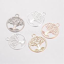 Brass Filigree Pendants, Flat Round with Tree of Life, Mixed Color, 23.5x20x0.5mm, Hole: 3mm(KK-D522-09)