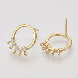 Brass Cubic Zirconia Stud Earring Findings, with Loop, Ring, Clear, Nickel Free, Real 18K Gold Plated, 12x15mm, Hole: 1mm, Pin: 1mm(X-KK-S350-026)