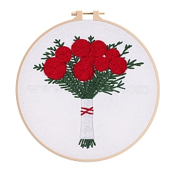 Flower Pattern DIY Embroidery Kit, including Embroidery Needles & Thread, Cotton Cloth, Red, 210x210mm(DIY-P077-131)