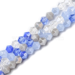 Electroplate Glass Beads Strands, Opaque & Transparent & AB Color Plated, Faceted, Bicone, Cornflower Blue, 4x4.5mm, Hole: 0.9mm, about 94~95pcs/strand, 13.86''(35.2cm)(X1-EGLA-D018-02E)