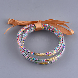 PVC Plastic Buddhist Bangle Sets, Jelly Bangles, with Glass Seed Beads and Polyester Ribbon, Colorful, 2-1/2 inch(6.3cm), 5pcs/set(X-BJEW-T008-10)