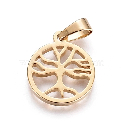 304 Stainless Steel Pendants, Flat Round with Tree of Life, Golden, 16x13.5x1.3mm, Hole: 6x3mm(STAS-I130-20G)